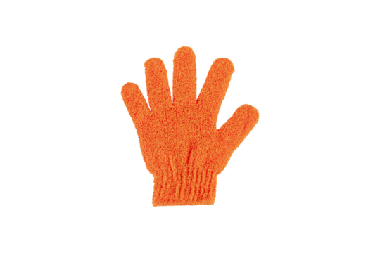 An orange exfoliating glove in a hand against a transparent background. - Powered by Adobe