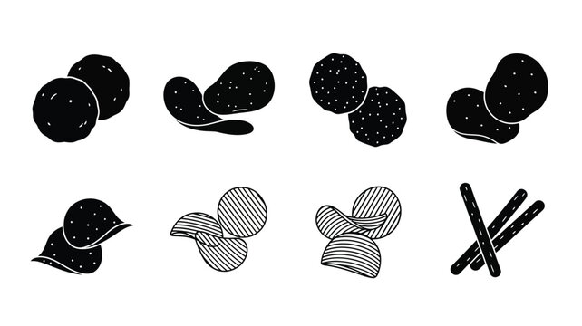 A collection of potato chips in various forms presented as a silhouette