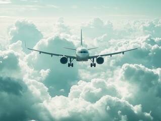 Large commercial airplane soaring through the sky with clouds below
