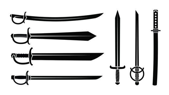 A collection of historic swords and blades in a stark silhouette