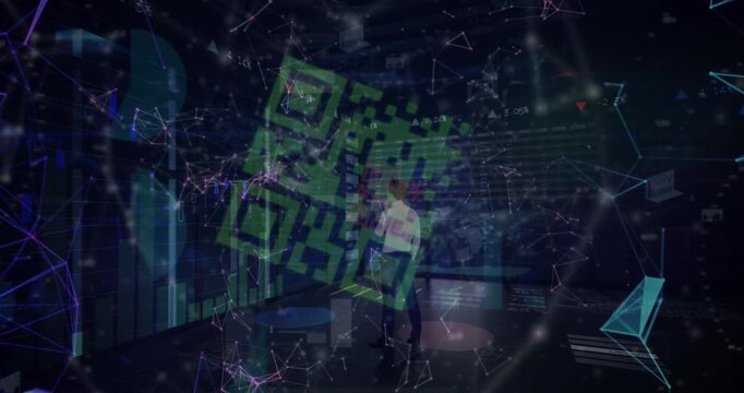 Qr code scanner and network of connections against thoughtful businessman and data processing