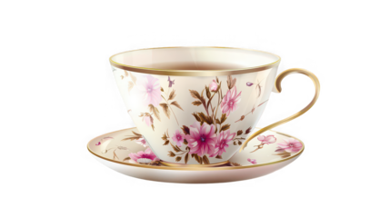 Elegant Floral Teacup and Saucer with Tea, Isolated on White