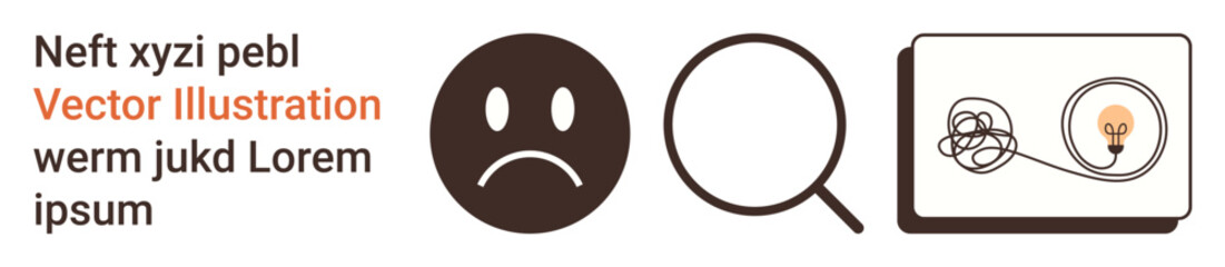 Fototapeta premium Problem-solving, analysis, innovation, frustration, solutions, ideas. Sad face, magnifying glass tangled wire leading to a lightbulb. Problem-solving and analysis concepts