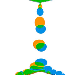 a striking abstract depicting the dynamic process of colored liquid drops falling, merging, and interacting. The artwork showcases a captivating display of fluid dynamics, surface tension and cohesion