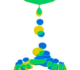 a striking abstract depicting the dynamic process of colored liquid drops falling, merging, and interacting. The artwork showcases a captivating display of fluid dynamics, surface tension and cohesion