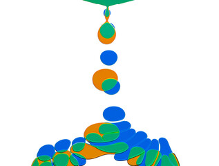 a striking abstract depicting the dynamic process of colored liquid drops falling, merging, and interacting. The artwork showcases a captivating display of fluid dynamics, surface tension and cohesion