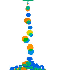 a striking abstract depicting the dynamic process of colored liquid drops falling, merging, and interacting. The artwork showcases a captivating display of fluid dynamics, surface tension and cohesion