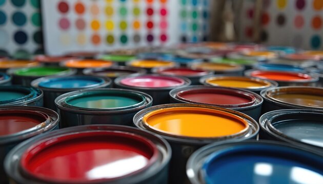 Bright paint cans filled with different colors. Colorful paint palette in a workshop or factory. Creative industry concept. Paint cans with vibrant shades and tones.