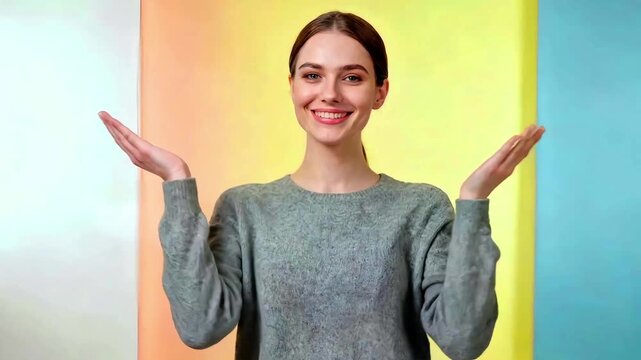 Portrait of a smiling young woman wearing a cozy grey knitted sweater, gesturing openly with raised hands, conveying happiness and expression