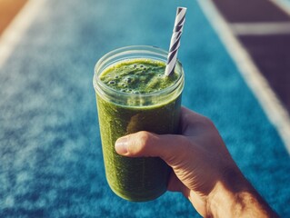 A person holding a green smoothie