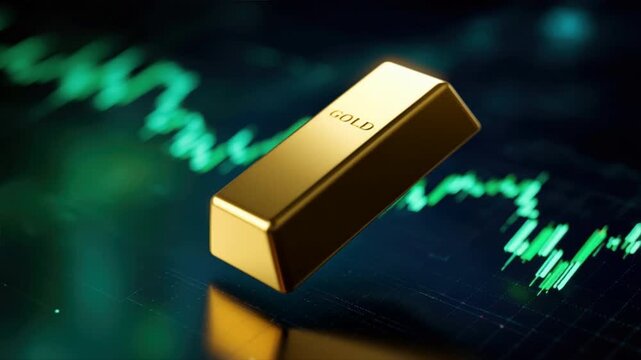 An elegant gold bar against a backdrop of fluctuating market graphs, symbolizing wealth and investment opportunities.
