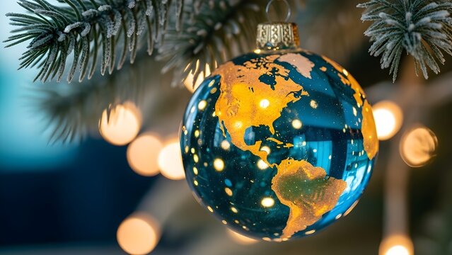 Christmas ornament with a globe design hanging on a tree with bokeh lights - Powered by Adobe