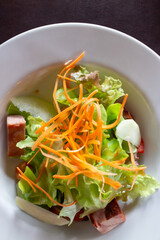 Delicious fresh green Thai spicy papaya salad with shrimp and vegetables served as a healthy gourmet appetizer dish on a restaurant plate