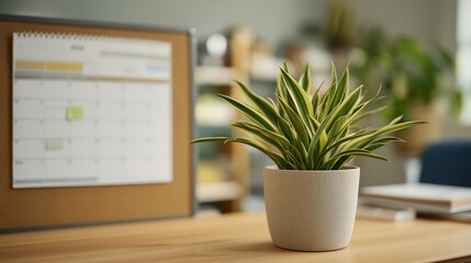Organized desk with color coded calendars and cables, potted plants bringing calm while a whiteboard lists milestones and participants share updates in a home office meeting to align next steps.