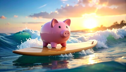 Piggy bank surfing on yellow board in ocean near tropical beach with palm trees and blue sky.
