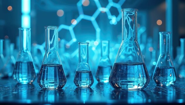 Scientific laboratory illustration with glass flasks. Blue toned photo shows lab equipment. Glassware on reflective table. Science concept. Medical research design background.