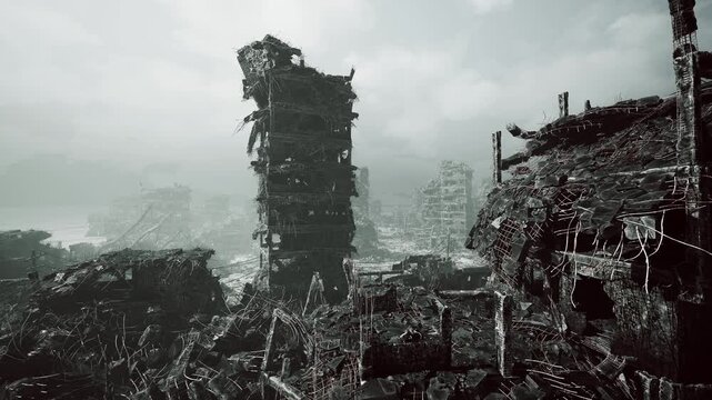 Crumbling highrise silhouette with vinewrapped structure and low clouds, skyline fragments and distant towers barely visible, mood of slow ruin and quiet