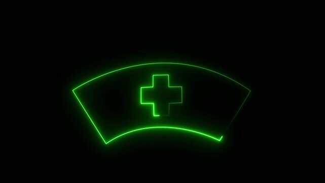 Animated neon green nurse cap with medical cross glowing on black background, healthcare, medical, nursing, or hospital profession