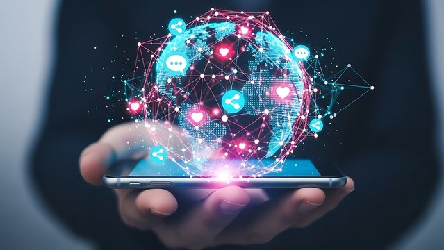 Hand holding smartphone displaying glowing digital globe with social media icons technology - Powered by Adobe