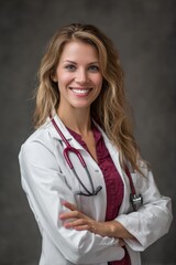 Professional portrait of a smiling female doctor with stethoscope wearing white lab coat