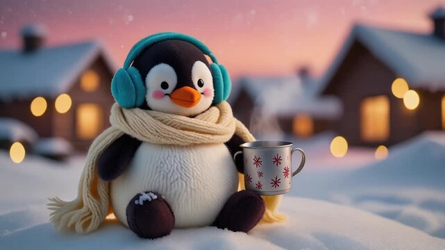 Adorable winter-themed plush penguin with earphones and knitted scarf sitting beside a festive snowflake-patterned mug in a snowy village scene at