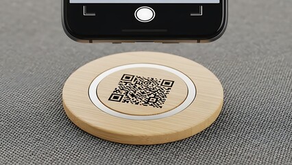Smartphone scanning QR code on wooden wireless charger pad QR code mobile phone