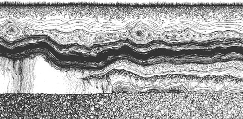 Detailed cross-section of earth strata rendered in monochrome with intricate linework showing layers of soil rock and organic in a geological cross-section