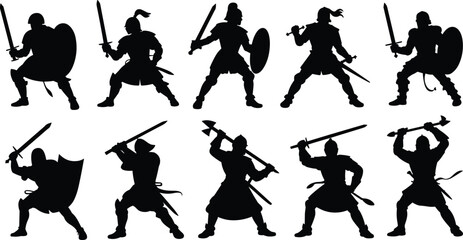 Obraz premium Medieval warrior silhouettes vector set with knights, swords and shields, ancient combat poses, fantasy battle characters, black silhouettes collection