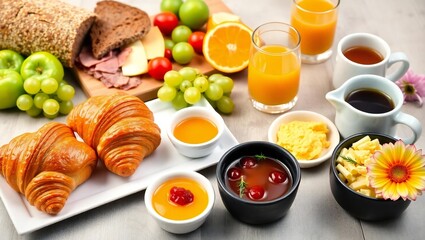 Assorted breakfast spread with fresh fruits and pastries