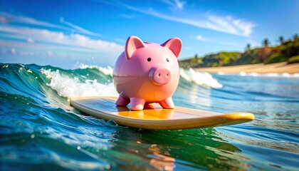Piggy bank surfing on yellow board in ocean near tropical beach with palm trees and blue sky.