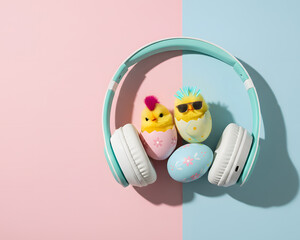 Easter chicks with headphones and eggs on pastel background, spring music character concept, playful holiday audio theme