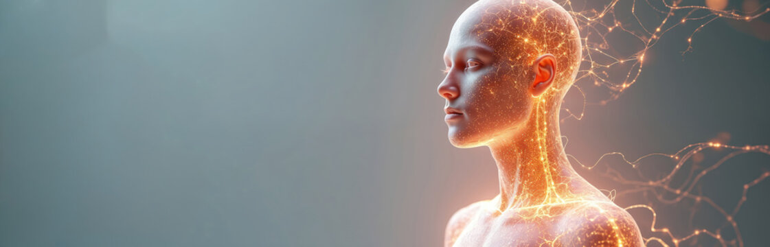 Artistic rendering human figure. Internal glowing neural networks illustrate nervous system brain activity. Conceptual representation artificial intelligence. Modern tech illustration used for
