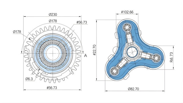 Engineering drawing of mechanical parts with dimensions