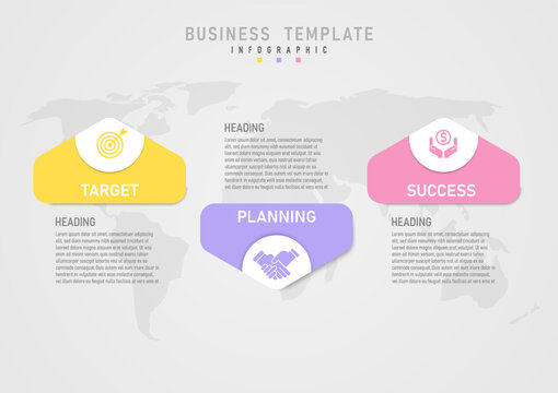 3step business planning infographic template in pastel colors. Features rounded multi-colored rectangles with icons on a white background, above and below the text. The map below 