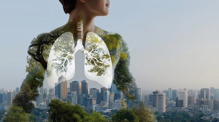 A human lung silhouette double-exposed with city skylines dissolving into clean forests, illustrating air quality, public health, and environmental responsibility. cinematic color correction,