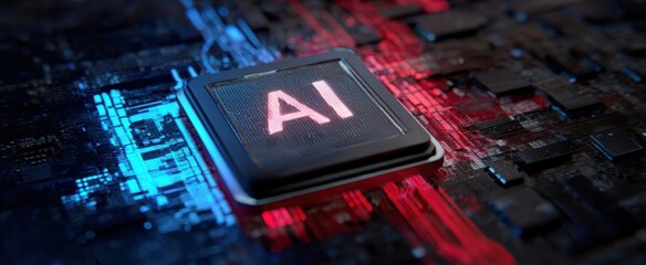 The AI chip on a futuristic glowing circuit board with red and blue lighting
