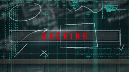 Animation of cyber attack warning text over data processing