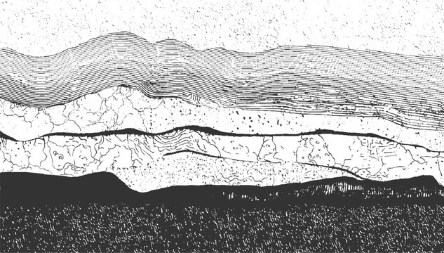 Abstract monochrome landscape with layered textures resembling geological formations or undulating terrain with a dark foreground and textured middle ground