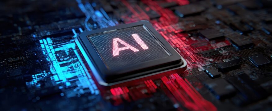 The AI chip on a futuristic glowing circuit board with red and blue lighting - Powered by Adobe