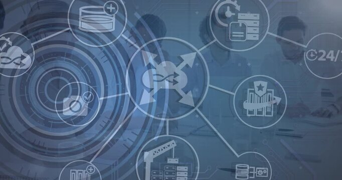 Animation of flow charts with computer icons, circles and code over colleagues discussing in meeting