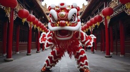 Chinese traditional lion dance performed at a temple during the Lunar New Year.