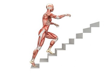 Anatomical illustration of a human body climbing stairs, isolated on white background