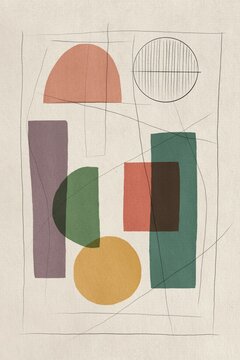 Modern abstract composition with overlapping colorful shapes and expressive lines