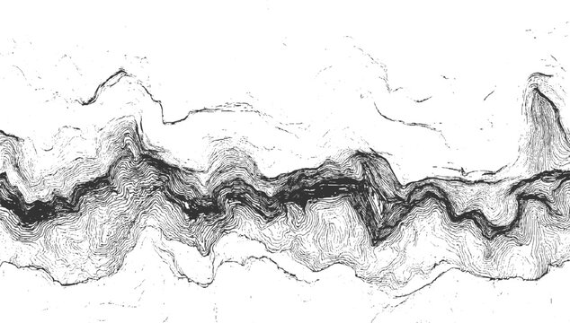 Detailed topographic map contour lines illustrating a winding river valley with textured mountainous terrain and a stark black and white aesthetic
