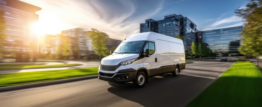 The white cargo van speeding through a modern city street at sunset