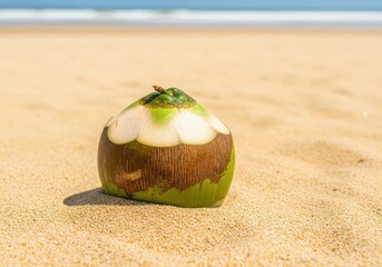 Fresh green coconut on a sandy beach with the ocean in the background