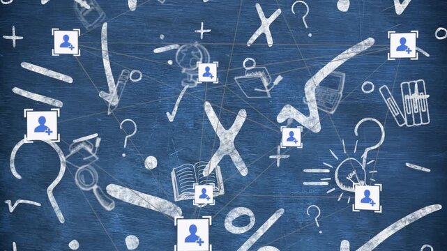 Digital animation of multiple school concept icons against mathematical equations on blue background