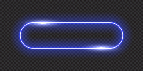 Neon glow light rounded rectangle frame. Led rectangular game button. Blue light outline on transparent with soft luminous effect. Futuristic UI element. Modern colorful geometric vector illustration.