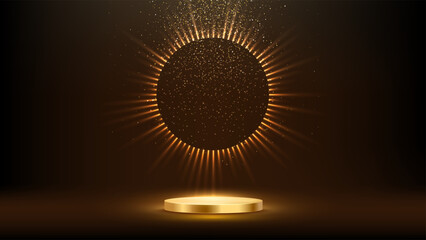 Golden award podium. Round gold pedestal with metallic surface under glowing circle halo and radiant light rays on dark. Luxury presentation stage. Premium vector illustration.