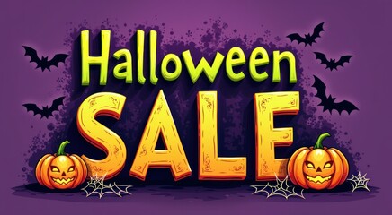 A purple halloween sale banner with pumpkins and bats halloween holiday sale discount concept
